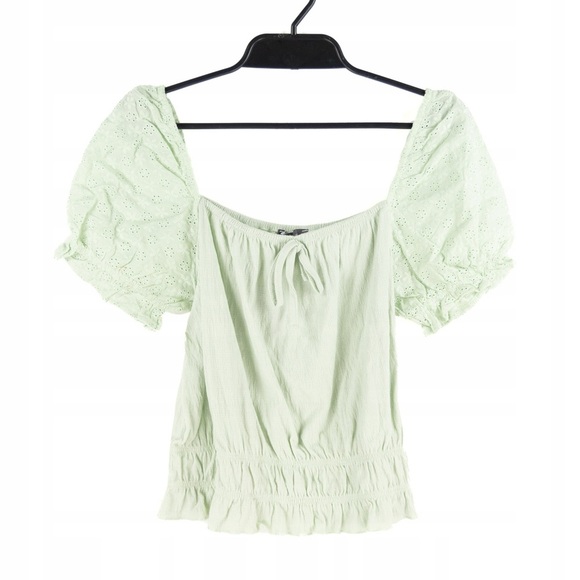 Primark Green Eyelet Floral Puff Sleeve Stretch Crop Smocked Peasant Blouse, S - Picture 12 of 12